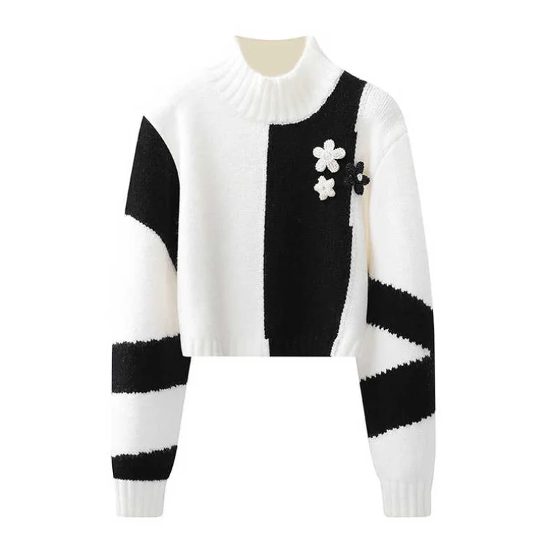 sweaters women flower color matching design sense autumn and winter new half turtleneck bottoming knitted sweater top women