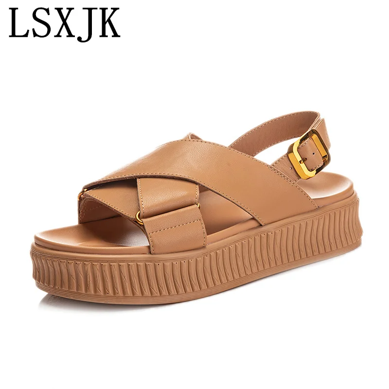 LSXJK Sandals Woman Summer 2022 New Solid Color Sports Platform Sandals High Quality Women Shoes Fashion Genuine Leather Casual
