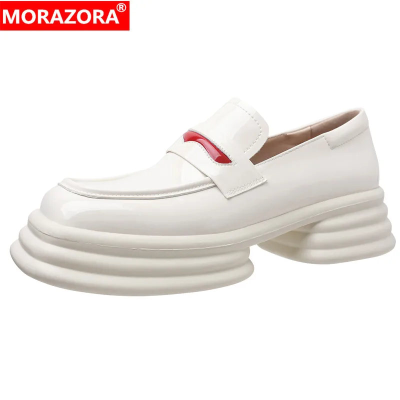 

MORAZORA New Loafers Genuine Leather Shoes Woman Square Toe High Heels Dress Shoes Unique Shallow Solid Ladies Pumps