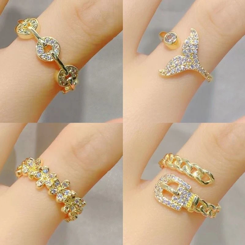

Fashion Luxury Ins Simple Zircon Floret Fishtail Open Rings for Women Adjustable Ring All-match Combination Girlfriend's Gifts