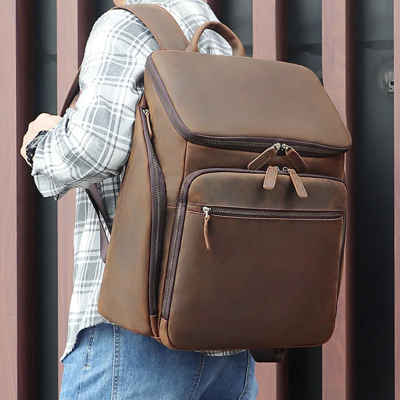 

Male Leather Backpack Top Layer Cowhide Leather Double Shoulder Bag Retro Stylish Business Men's Laptop Backpack 15.6" Bagpack