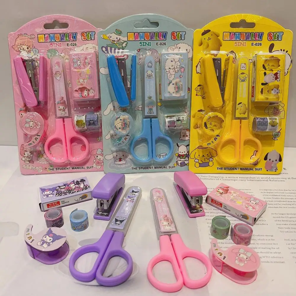 Set Kawaii Sanrio My Melody Kuromi Anime Figure School Supplies Scissors Stapler Adhesive Tape Sticker Student Stationery Gift