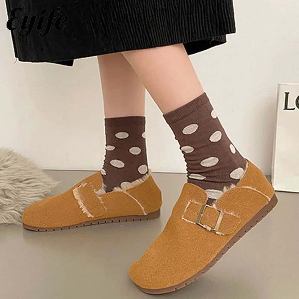

Vintage Mules Women 2022 Winter Plush Keep Warm Ladies Slip On Loafers Home Outdoor Female Buckle Comfy Casual Flats