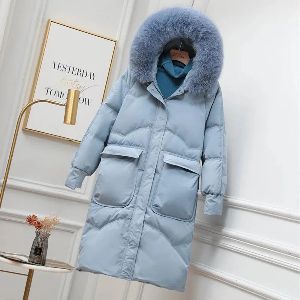 Female Down Jackets 2022 Winter New White Duck Down Large Size Long Hat Big Fur Collar Thickened High-Grade Warm Coats Women