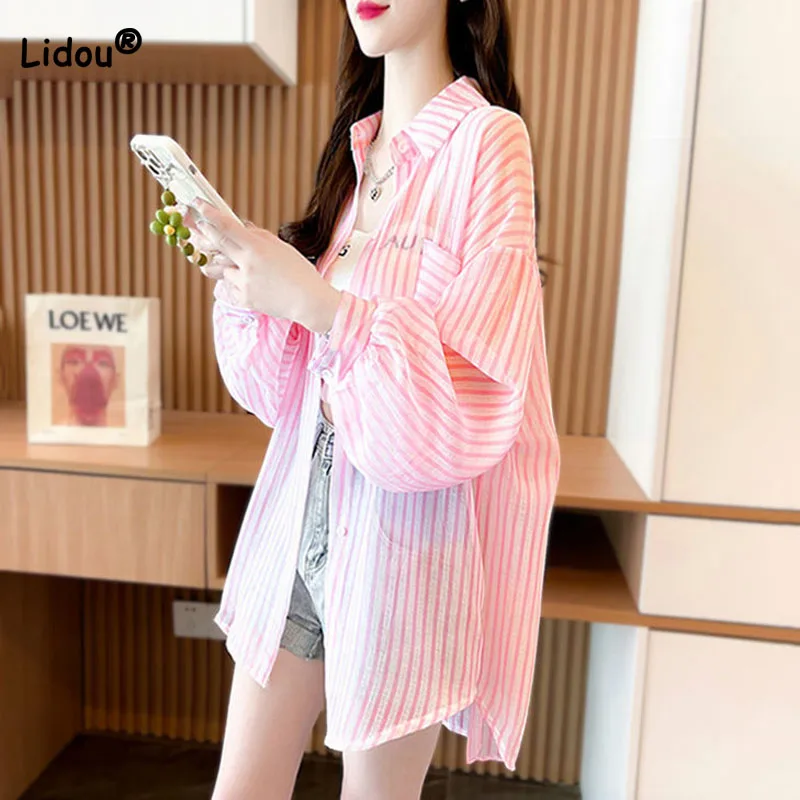 

2023 Casual Striped Stylish Spliced Single-breasted Blouse Spring Summer Thin Long Sleeve Korean Loose All-match Pockets Shirt
