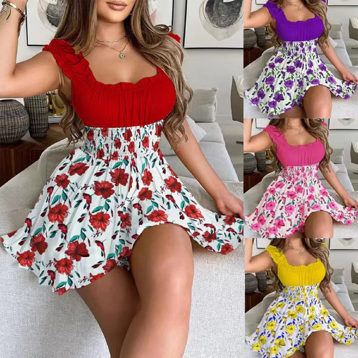

2022 European and American summer new style flower contrast color pull close waist thin round neck dress women
