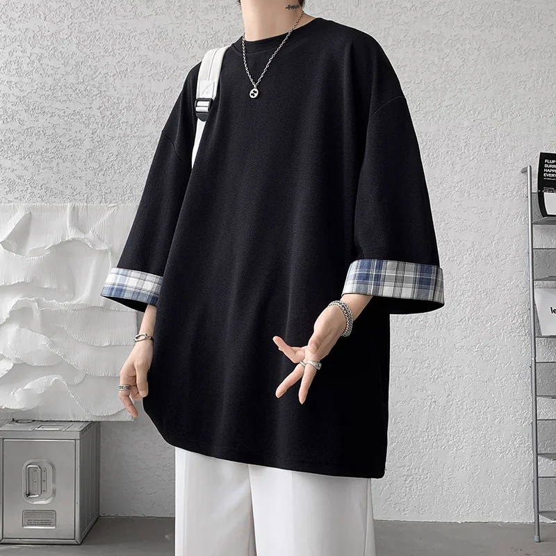 

Summer Short Sleeve T-shirt Men Fashion Oversized Plaid T Shirt Men Streetwear Hip Hop Loose Ice Silk Tshirt Mens Top S-2XL