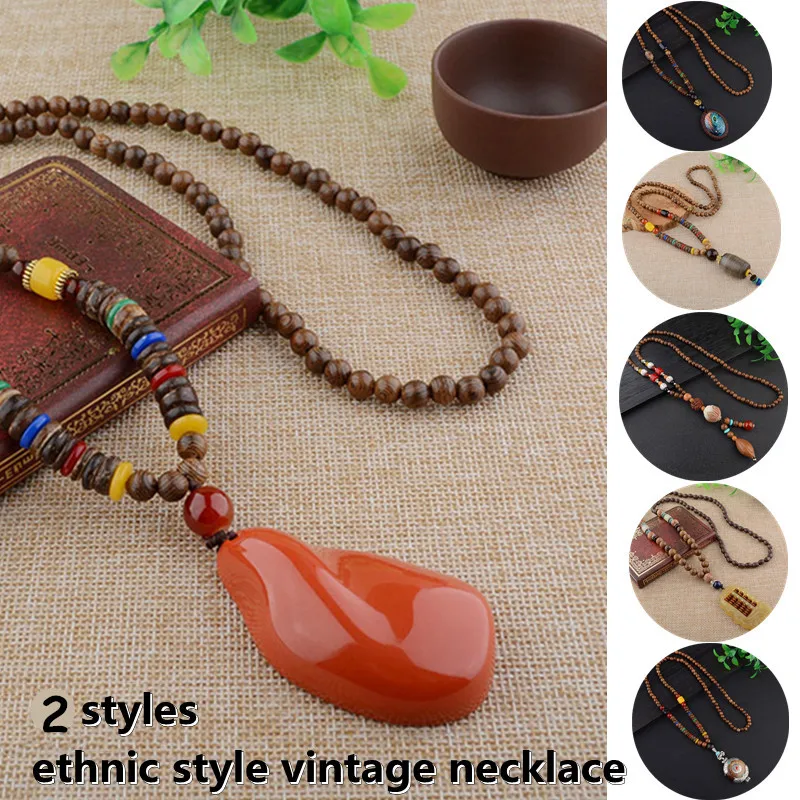 

New Fashion 2 Styles Ethnic Retro Boho Sweater Chain Decoration Unisex Wooden Jewelry Long Buddha Buddhist Wooden Bead Necklaces
