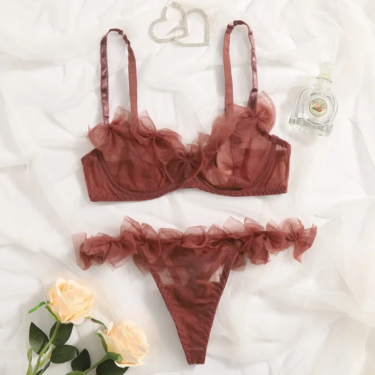

Erotic underwear advanced pure desire bow temptation gauze underwear thin three-point sexy underwear set