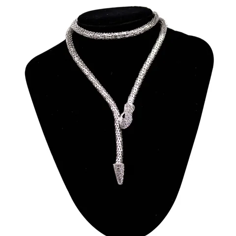 Ожерелье женское длинное из мягкого металла со змеиным кристаллом