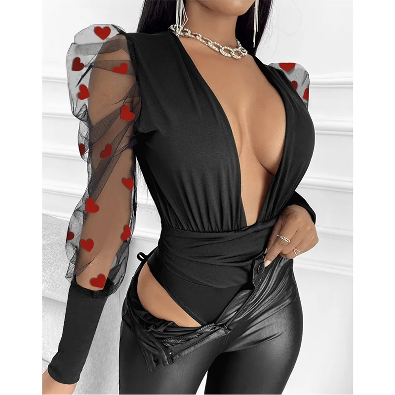 

2022 Fashion Spring and Summer New Women's Black Jumpsuit Mesh Long-sleeved Love Print Deep V Sexy Rompers Female Casual Wear