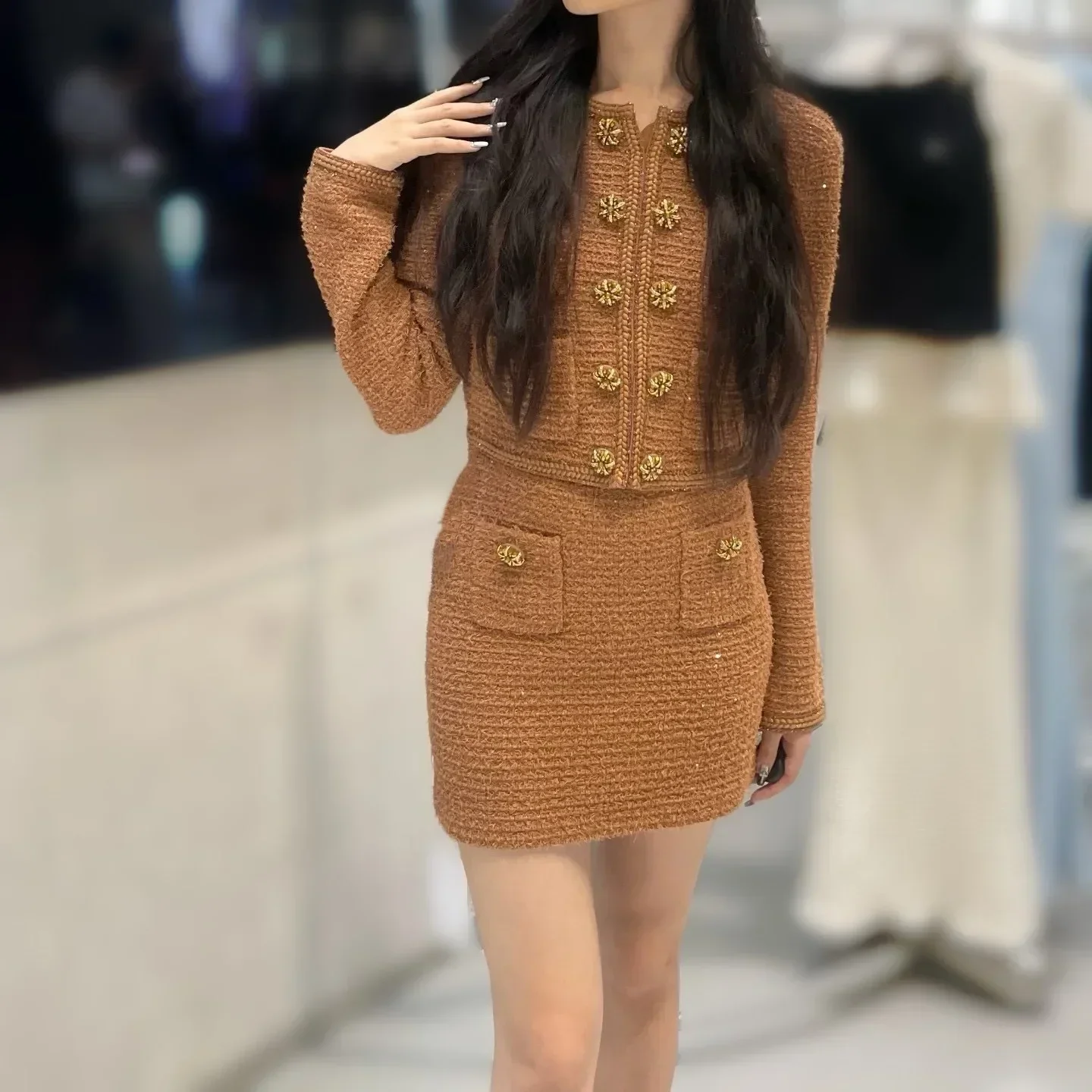 sp2024 осень и зима Xiaoxiangfeng двубортная пряжка с ромбовидной пряжкой блестками