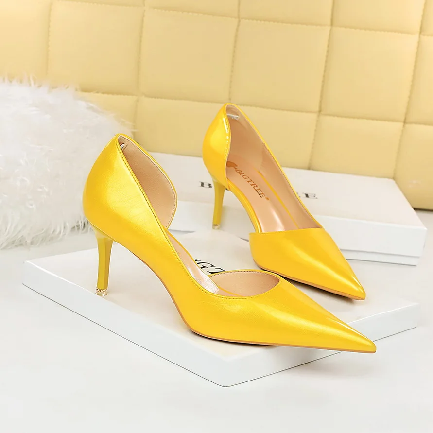 

BIGTREE 2023 New Spring Yellow Ladies Pumps Pointed Toe Sexy Thin High Heels Fashion Shallow Pumps Stiletto Party Office Shoes