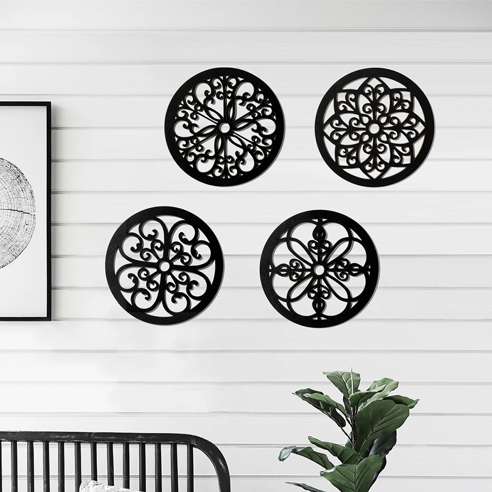 

4Pcs Round Wall Art Geometric Vintage Wooden Hollow Carved Design Wall Decor Living Room Bedroom Apartment Farmhouse Decoration