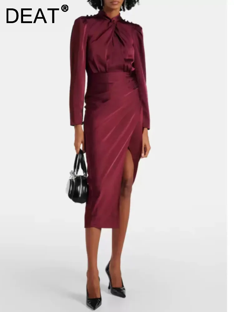 DEAT Элегантное платье с перекрестным узлом плиссированные пуговицы разрезом по