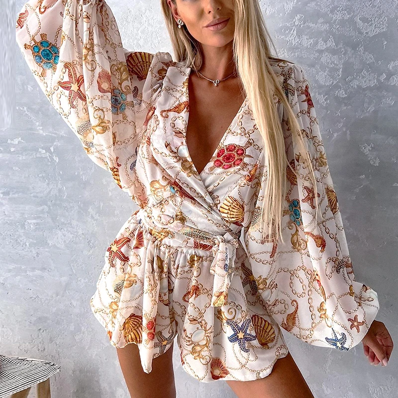 Женский комбинезон с длинным рукавом сексуальный пляжный принтом абайя поясом