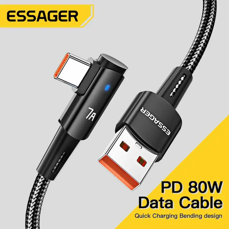 

100W Fast Charing Cord Essager 7A USB Type C Cable Angled For OPPO For Honor Huawei P40 Oneplus Realme USB-C Charger Data Wire