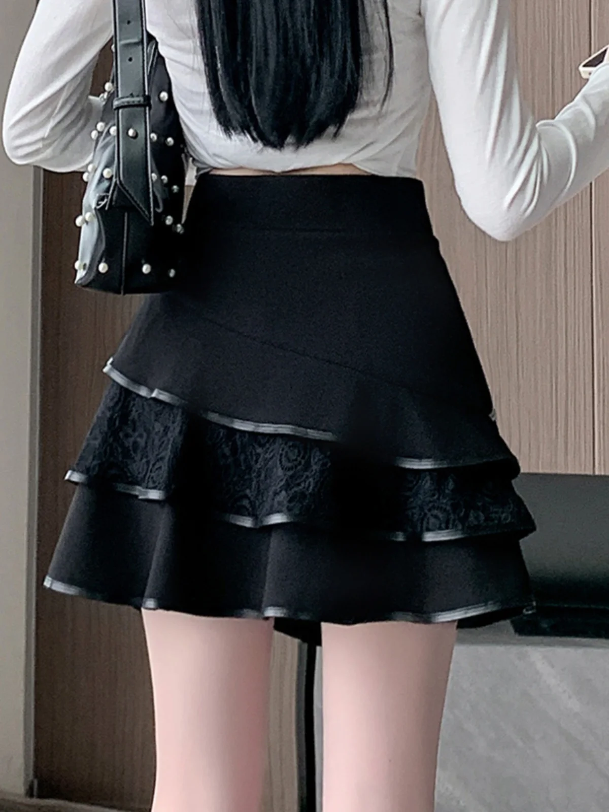 Черная модная кружевная лоскутная юбка-торт весна-осень новая облегающая пышная