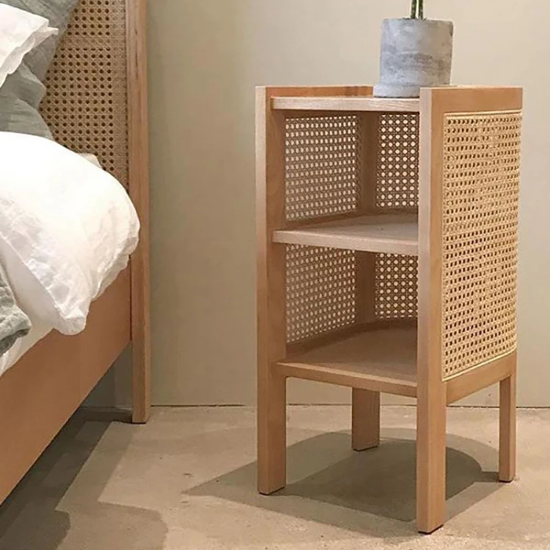 

Solid wood bedside table, rattan woven bedroom, small side table, homestay household storage cabinet, simple storage cabinet