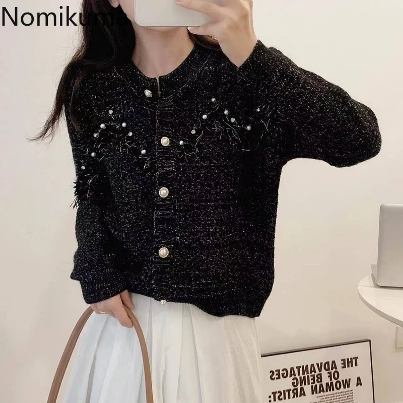 

Женский кардиган Nomikuma, осенне-зимний Кардиган в стиле пэчворк с тяжелыми бусинами и кисточками, элегантный повседневный Модный женский сви...