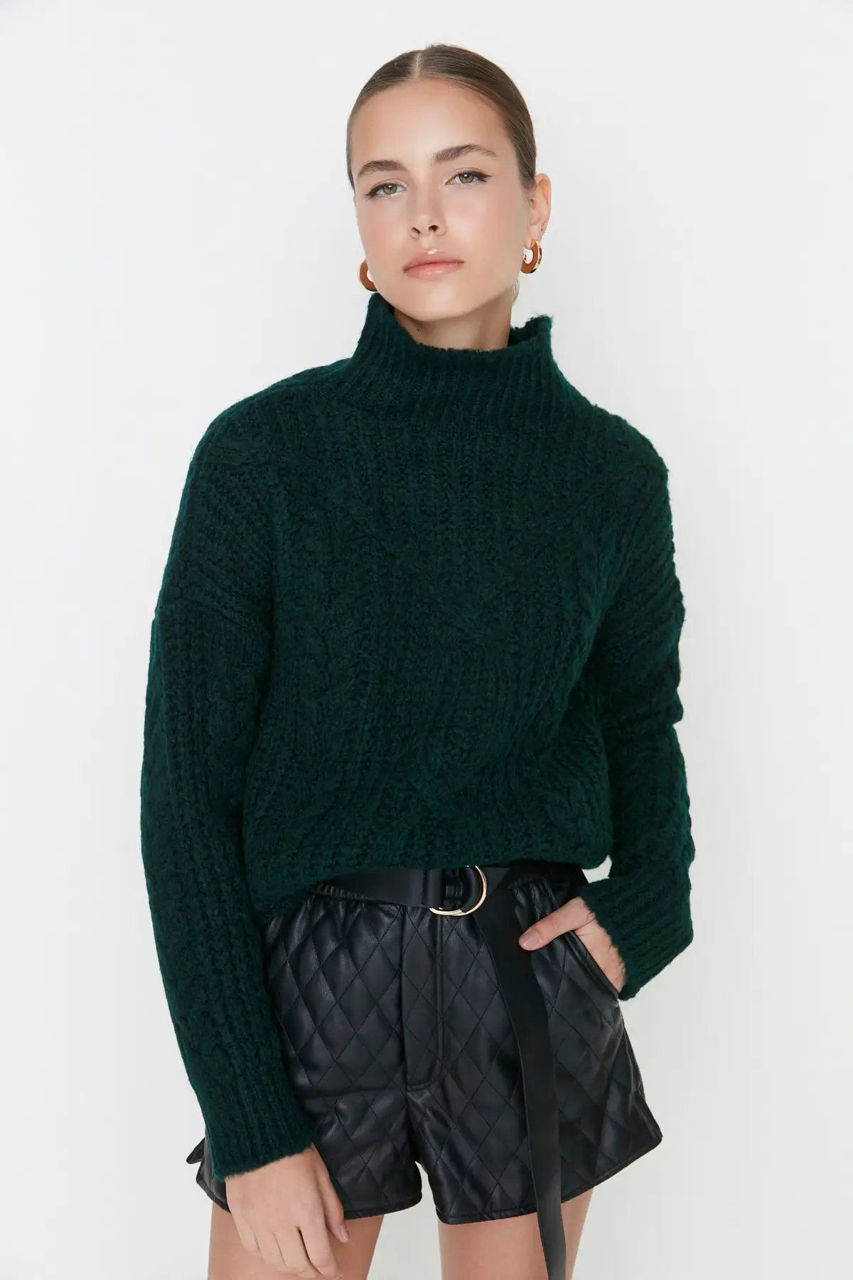 Women's Sweater Top Emerald green knitting detailed upright collar knitwear sweater