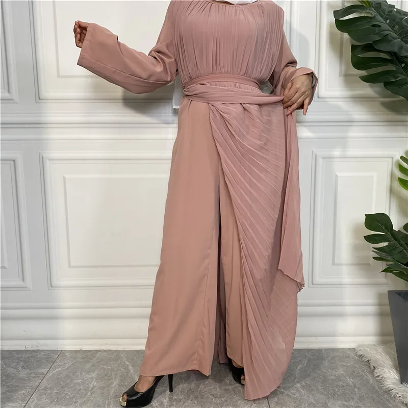 Женский комбинезон в мусульманском стиле Abayas, элегантное Плиссированное длинное платье с внутренней юбкой и широкими штанинами, 2022