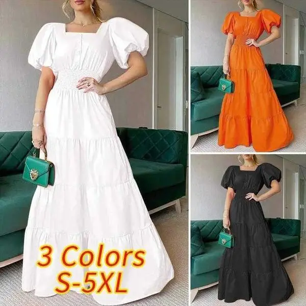 

Summer Womens Dress Sundress Square Collar Puff Sleeve Maxi Casual Beach