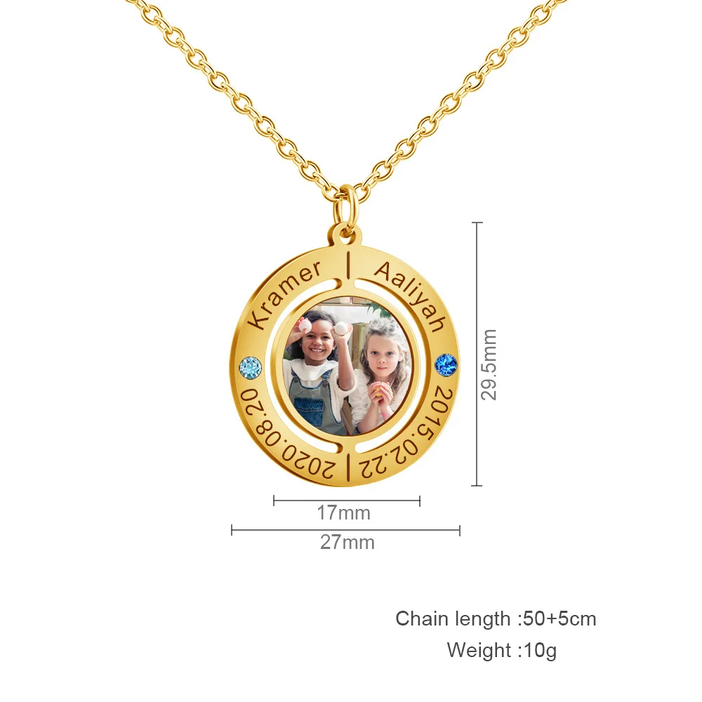 LU Round Laser lettering Color Photo Pendant Personalized Customized Name Family Couple Photo Necklace Gift