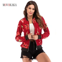 movokaka red flowers printed jacket women casual zipper breathable baseball uniform jackets streetwear coat bomber jackets women