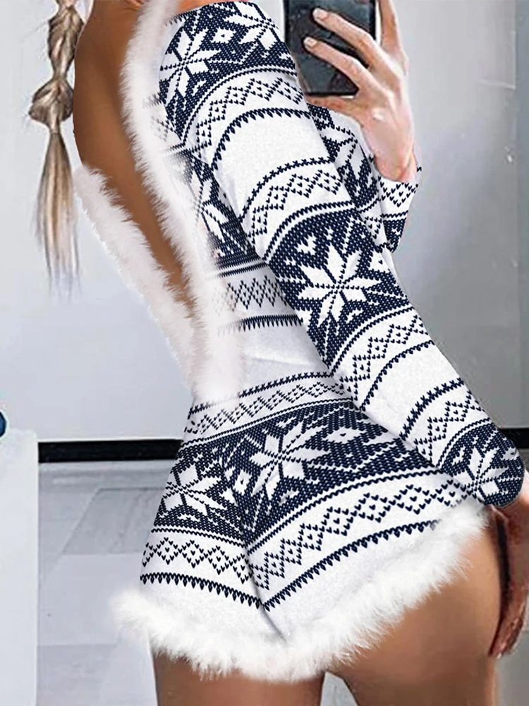 

Women's Christmas Pattern Playsuit Bodysuit Feather Splice Backless Romper Snowflake Long Sleeves Sexy Festival Slim Fit Club