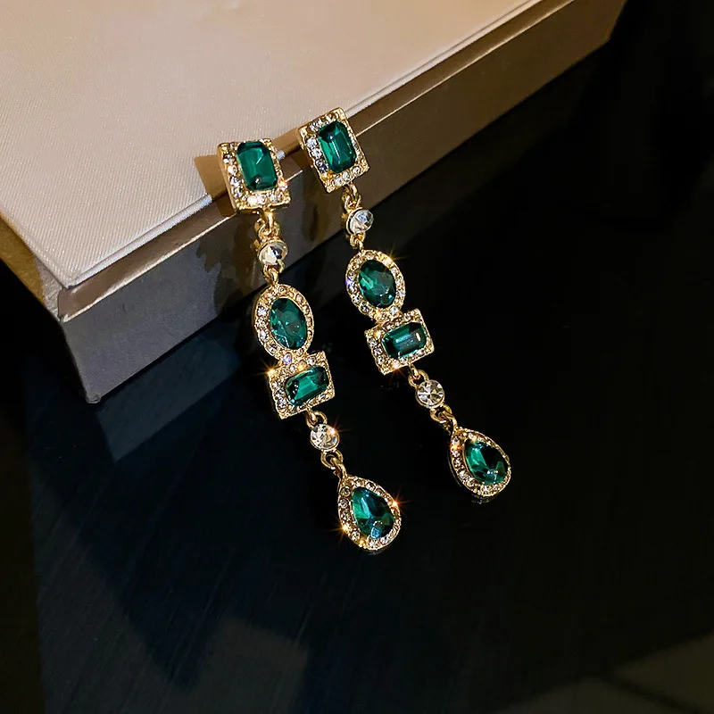 

Vintage Grandmother Green Water Drop Diamond 925 Silver Needle Earrings Korean Fashion High-class Atmosphere Personality