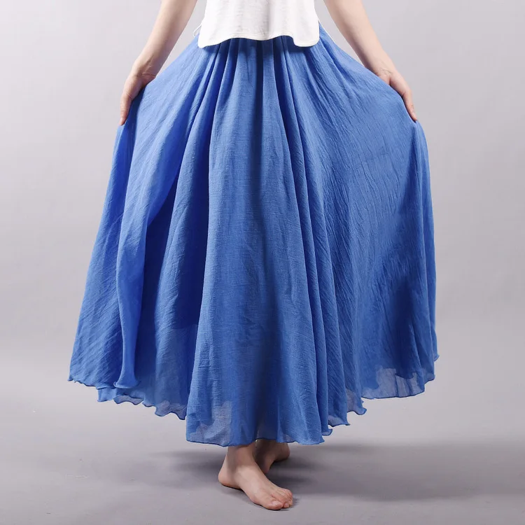 

Women Fashion Cotton Linen Skirt Long High Waist Large Size Elastic A Line Girls Skirts Pleated Solid Blue Ethnic Vintage Sweet