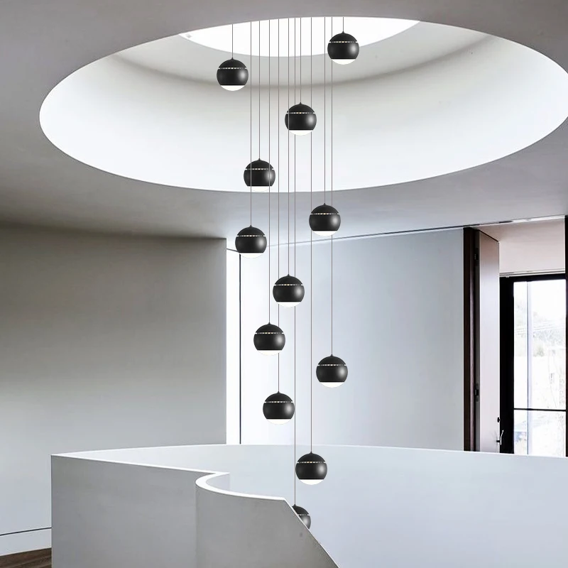 Led chandelier black silver ball villa staircase living room chandelier modern restaurant kitchen hanging rope Pendant