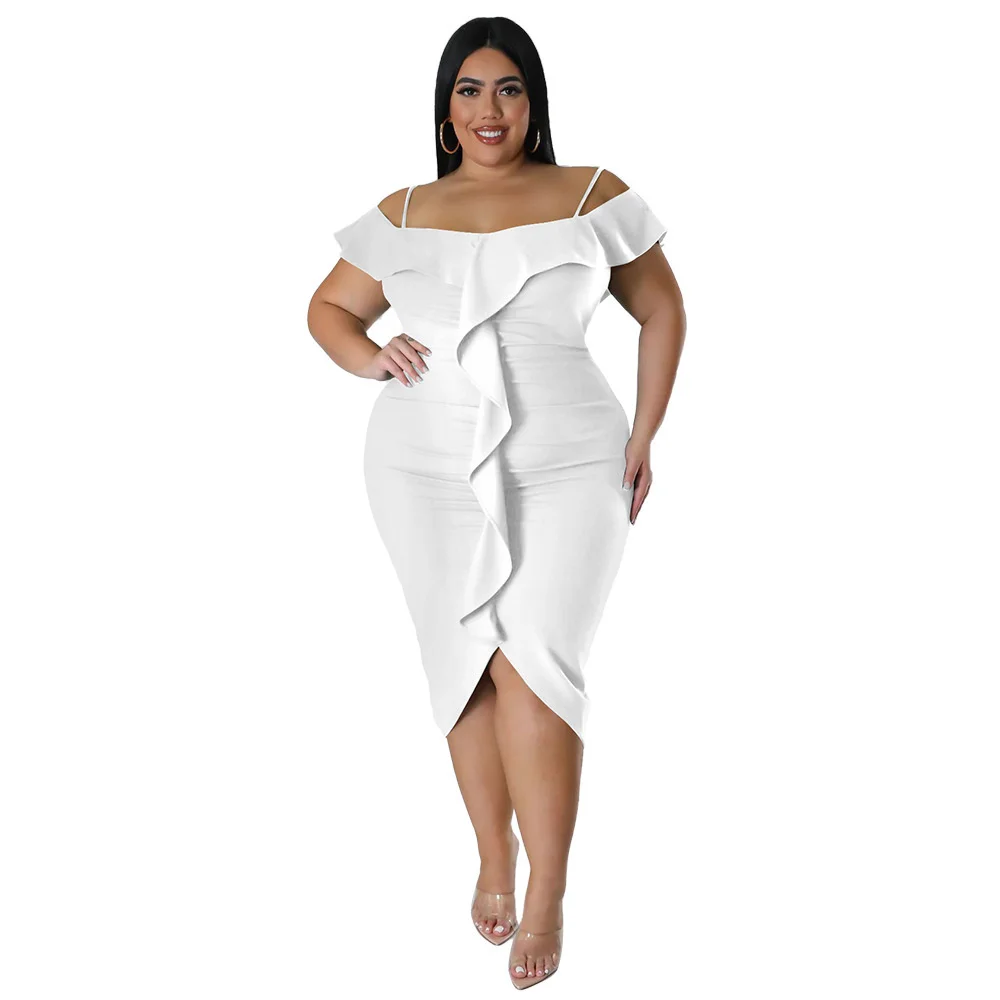 Plus Size Women Elegant Dresses Fashion Sweet Solid Colour Dress Casual Commuter Large Size Female One Neck Medium Length Dress