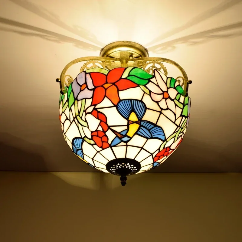 12 дюймов 30 см потолочный светильник Тиффани колибри цветы витражи полузаподлицо