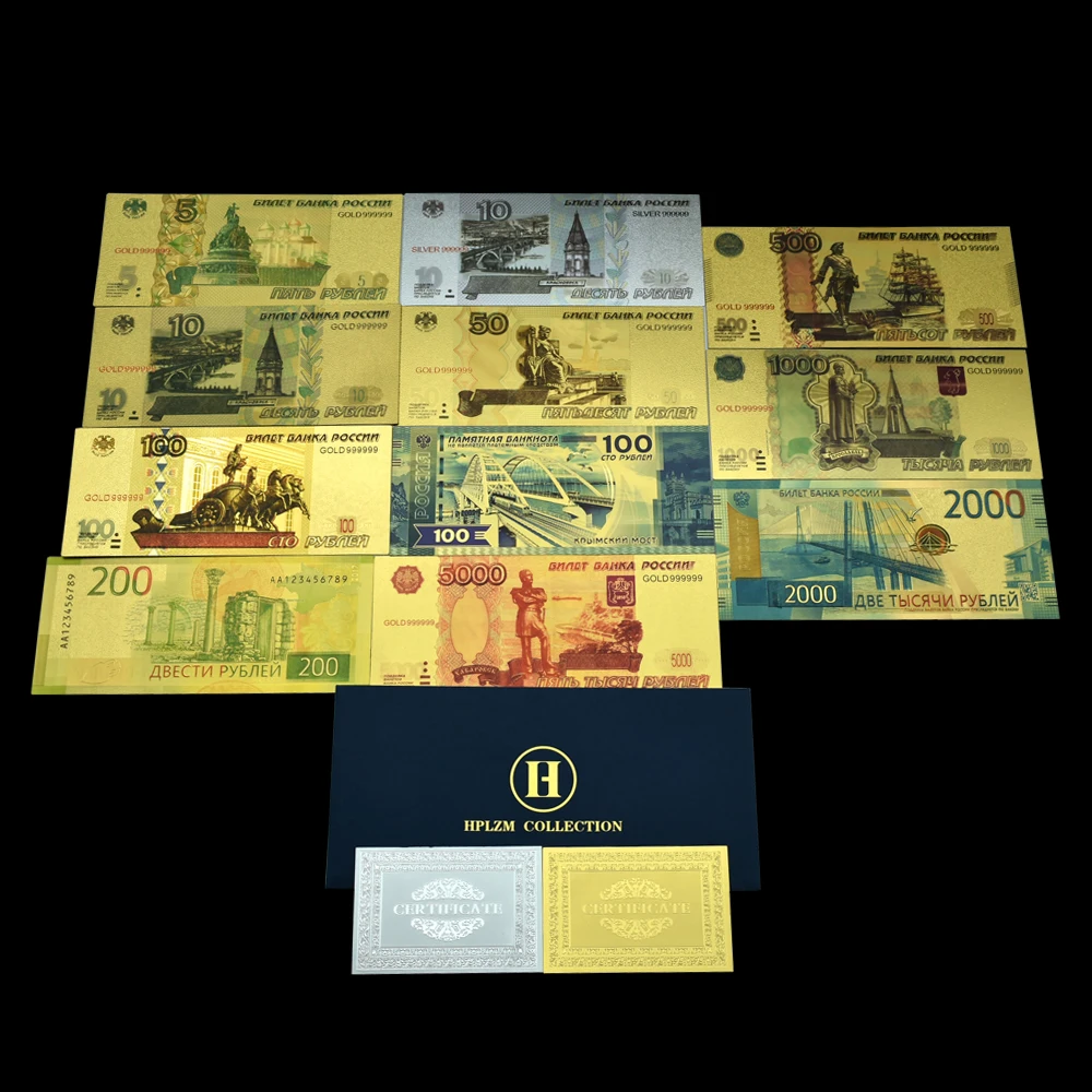 

11pcs/set Souvenirs Kinds of Russian Rubles Gold Banknotes Commemorative Cards Fake Money with Envelope Crafts Gifts