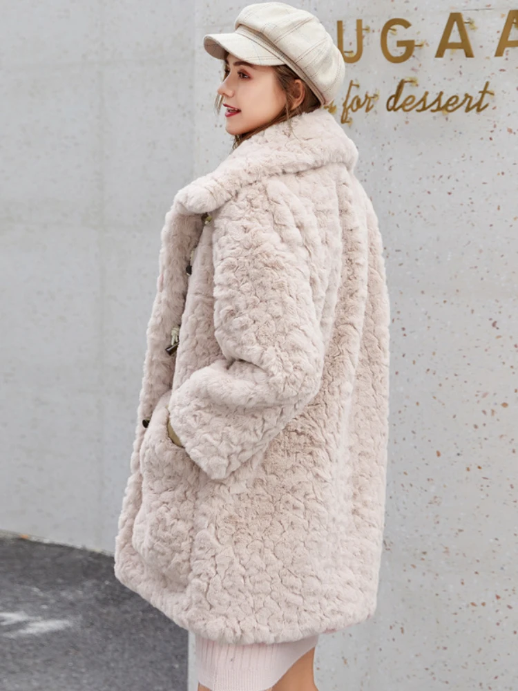 Fashion Imitation Rabbit Fur Coats Women 2022 Winter Loose Warm Horn Button Coat Casual Sweet Imitation Fur Mid-length Outwear