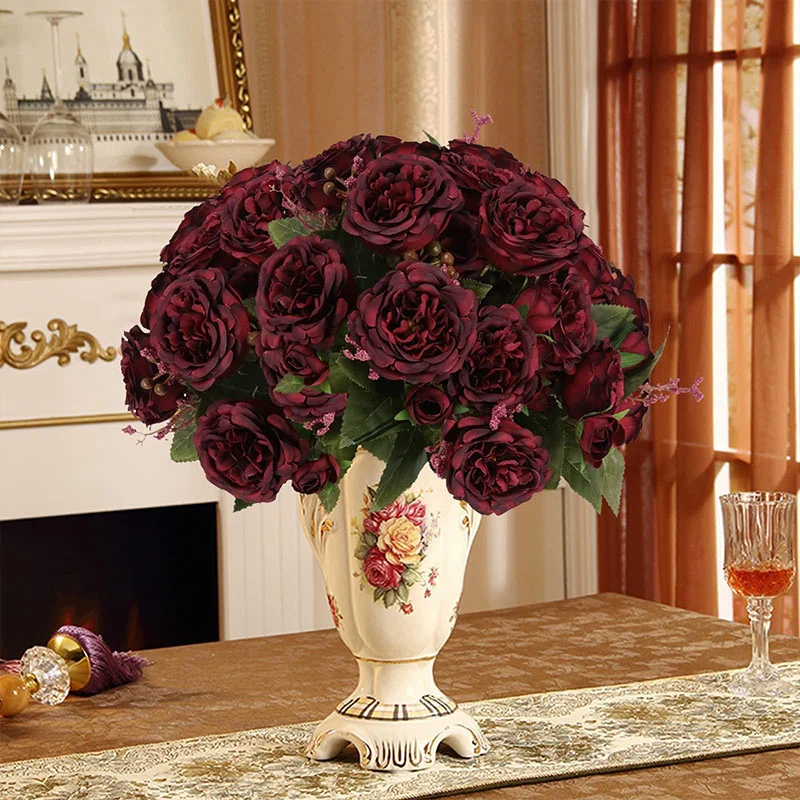 Реалистичные искусственные розы, цветы, искусственные пионы, свадебный букет для невесты, 5 головок, длинный стебель, искусственные растени...