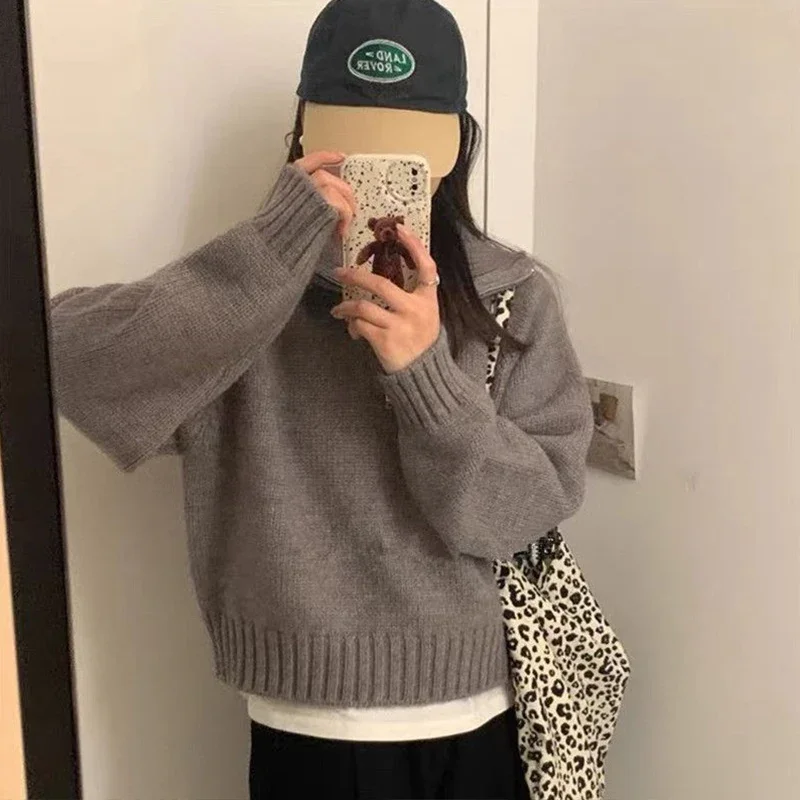 Осень/зима новый однотонный свободный популярный пуловер с отложным воротником