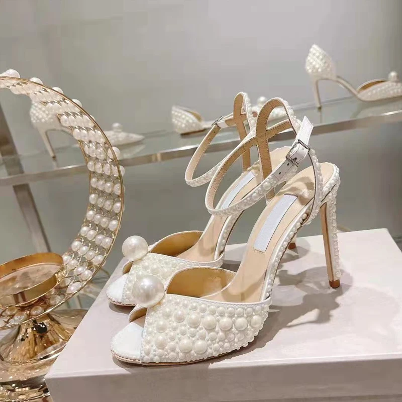 

Prowow New Genuine Leather Pearl Beading High Heels Women Open Toe Thin High Heel Wedding Shoes Designer