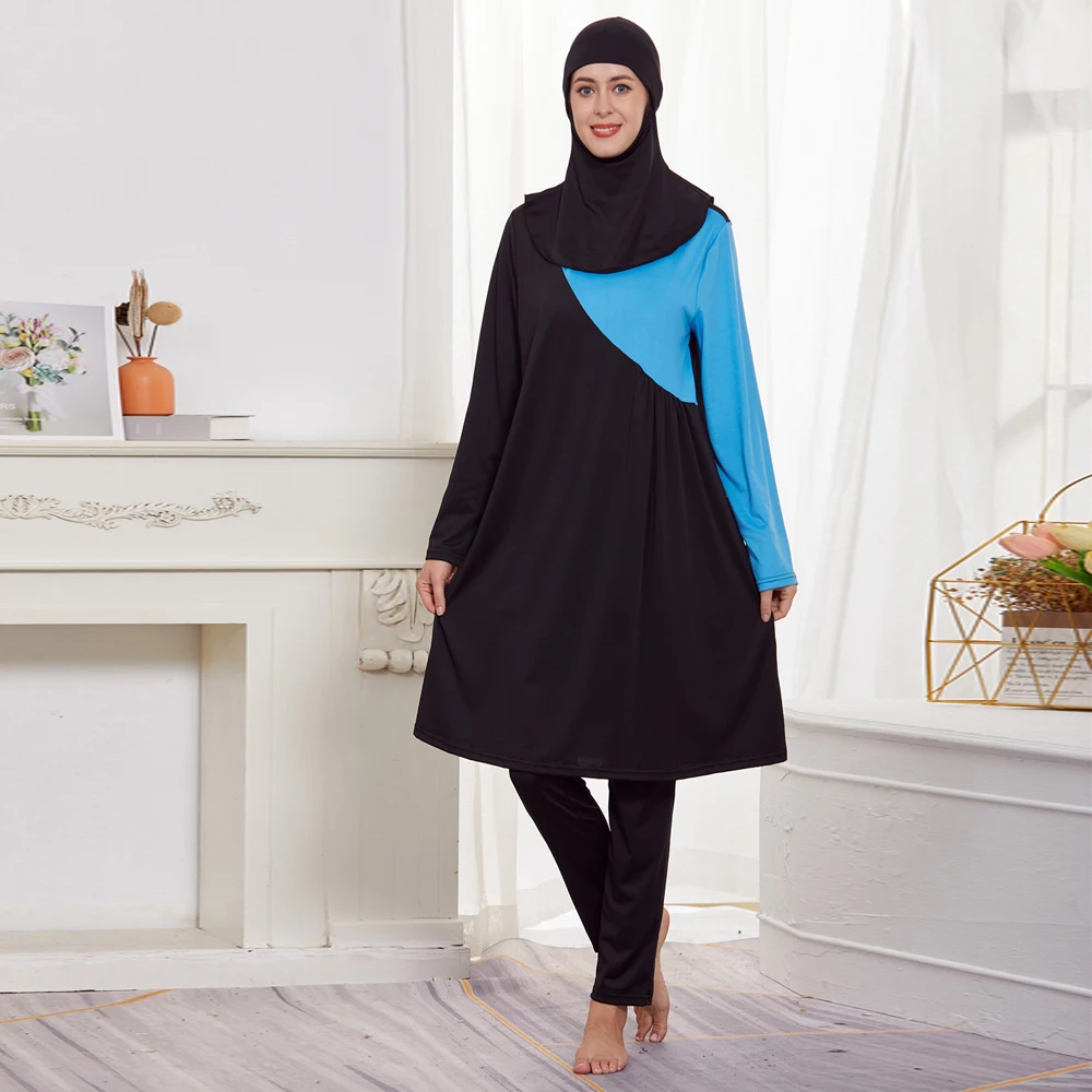 3PCS Burkini Muslim Woman Black Draw Pleated Swimwear Full Cover Islamic Long Sleeve Sport Swimsuit Hijab Beachwear