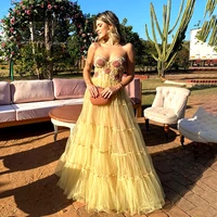 sumnus yellow prom dresses sweetheart flower appliques a line long celebrity evening party dress tulle fromal graduation gown