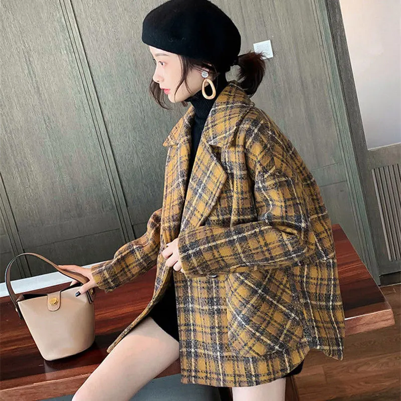 

M GIRLS Bella Philosophy Plaid Woolen Coat Female Autumn Winter Loose Popular Korean Version of Retro Small Thickened Tweed Coat