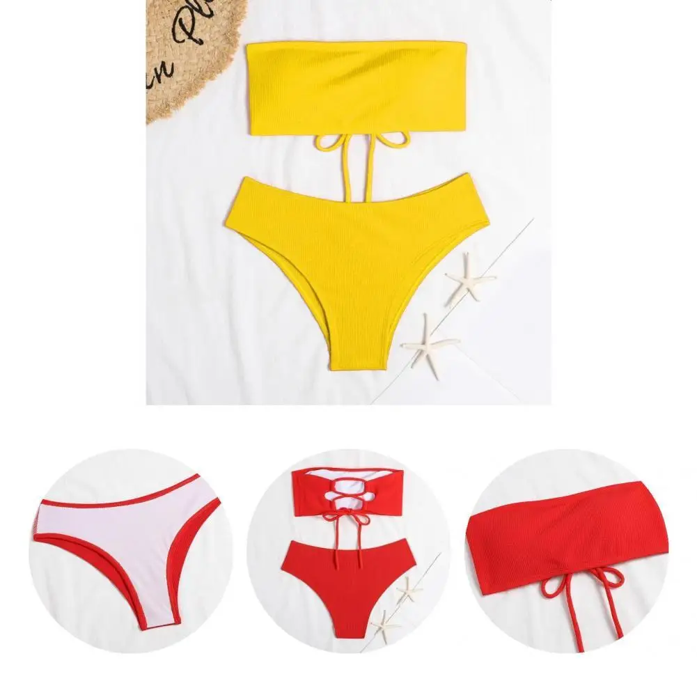 

Beachwear 2Pcs/Set Unique Bandeau Top High Cut Bottom Bikini Set Two Pieces Swimming Costume Push Up for Water Activity