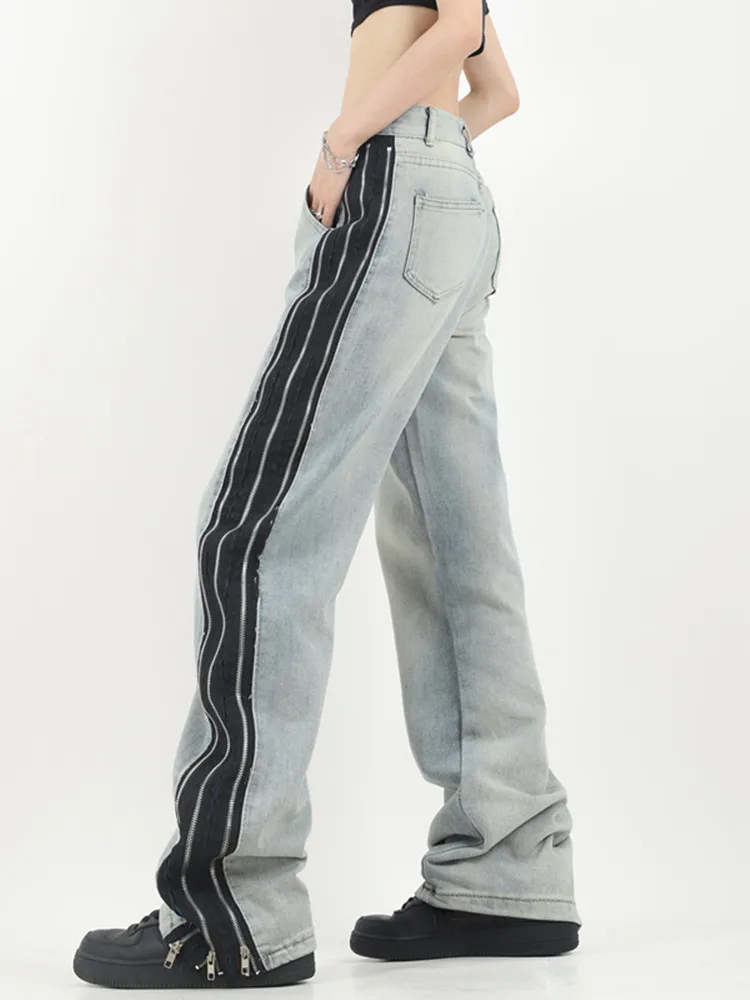BULOCHOVA American Street Retro Design Zipper Loose Straight Jeans For Women High Waist Girlfriend Cowboy Wide Leg Pants 2023