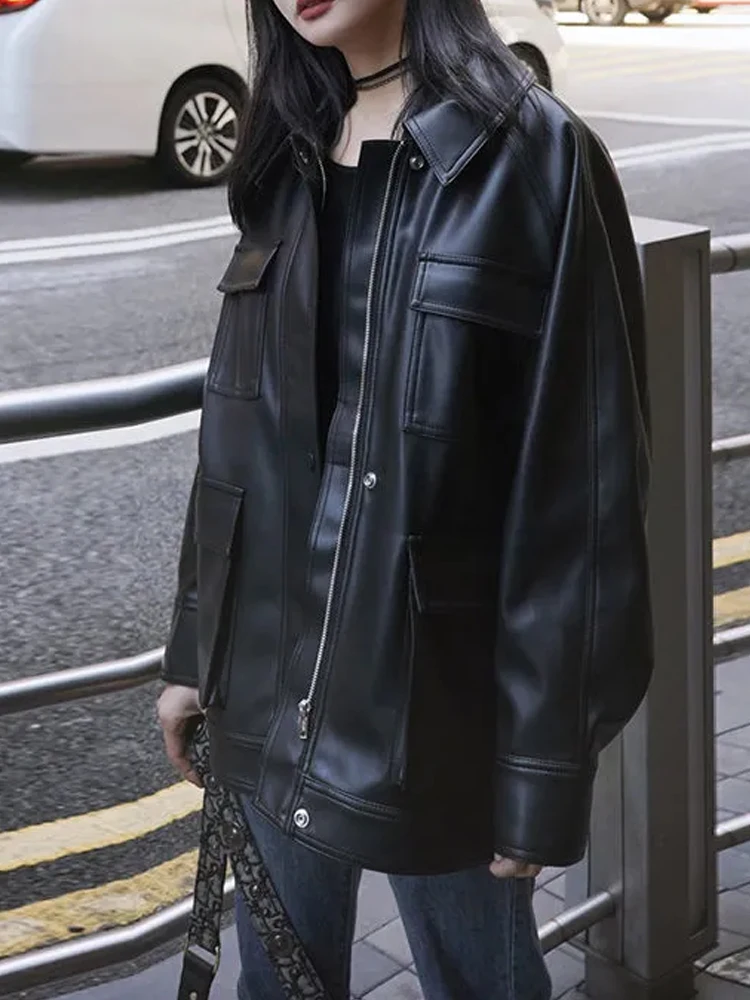 Black Winter Leather Jacket Women High Street Harajuku Zipper Moto Jacket Female Casual Loose Streetwear Warm Oversize Y2k Coat