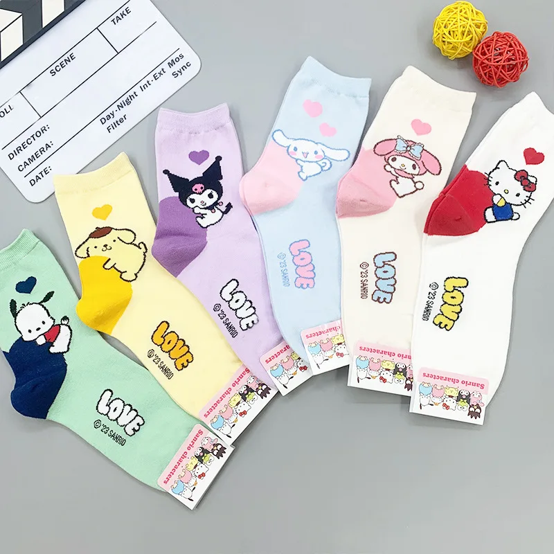

Зимние новые кавайные носки Sanrio Kuromi Cinnamoroll My Melody красочные длинные носки Мультяшные чулки Hello Kitty милые носки средней длины