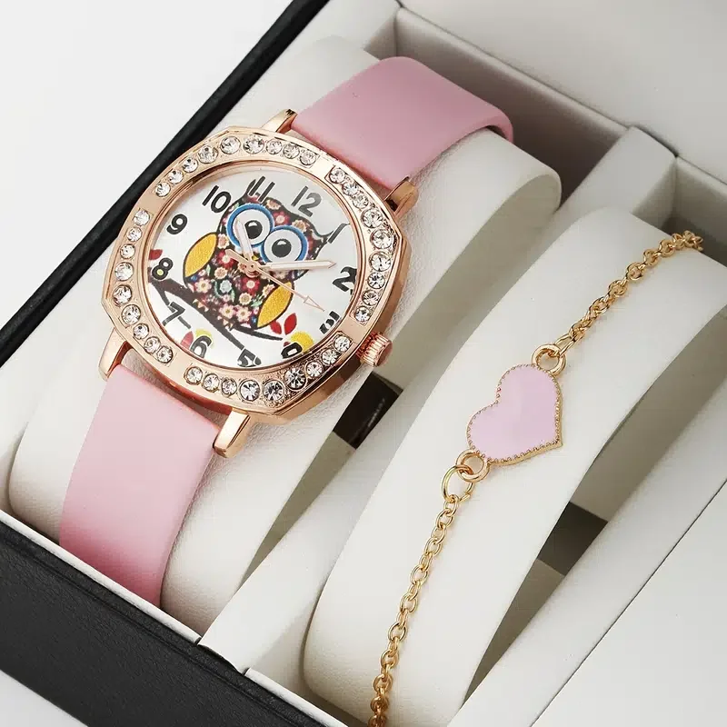 High quality classic1pc Fashion Luxury Rhinestone Square Case Ladies Cartoon Owl Watch + 1pc Bracelet clock luxury style enlarge