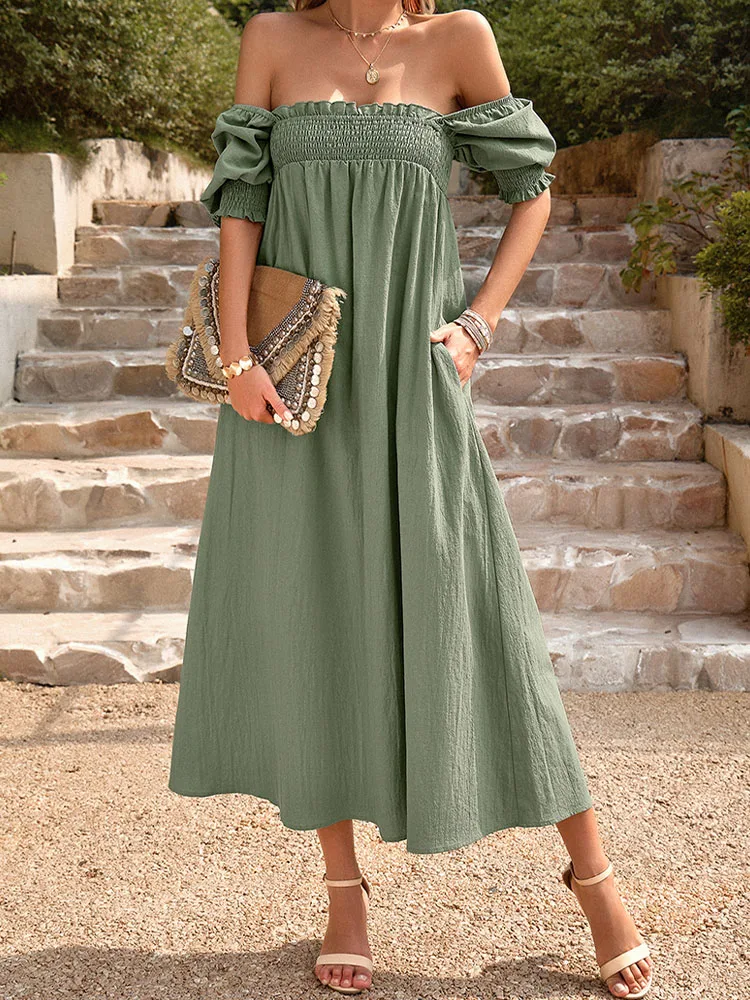 

Летнее Повседневное платье для женщин с коротким рукавом и квадратным вырезом, праздничные длинные платья для женщин, элегантное шикарное свободное простое однотонное платье Vestidos