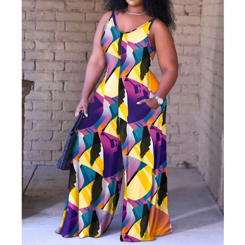 

Женский комбинезон с широкими штанинами, повседневный Свободный комбинезон без рукавов с высокой талией и круглым вырезом, весна-лето 2023